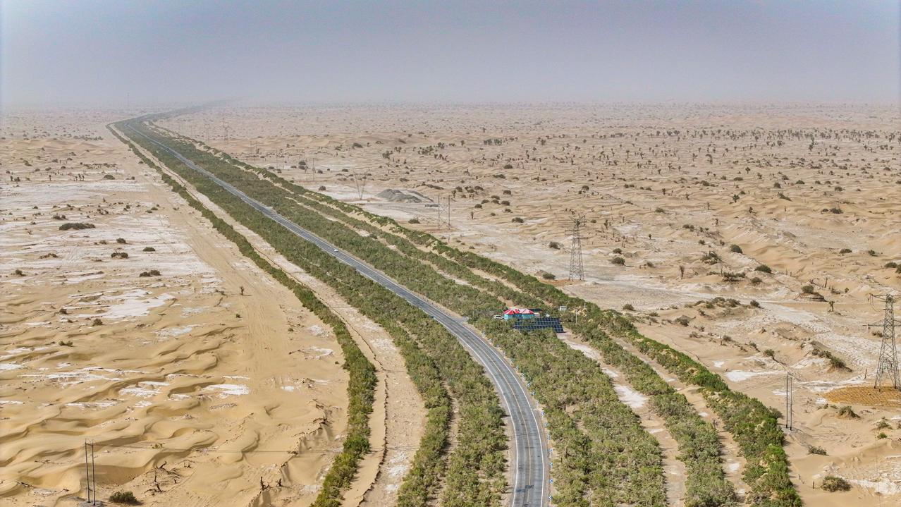 新疆塔克拉玛干大沙漠的环绕防护林工程圆满竣工，3450公里的绿化带成功遏制了沙漠