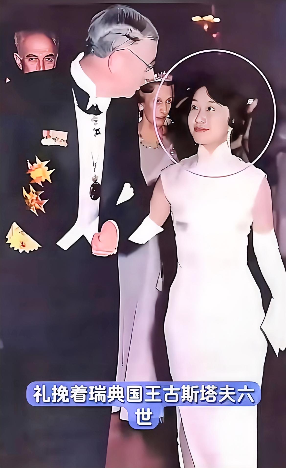 1957年诺贝尔颁奖晚宴上，30岁的杜致礼挽着瑞典国王古斯塔夫六世。她一袭白色旗