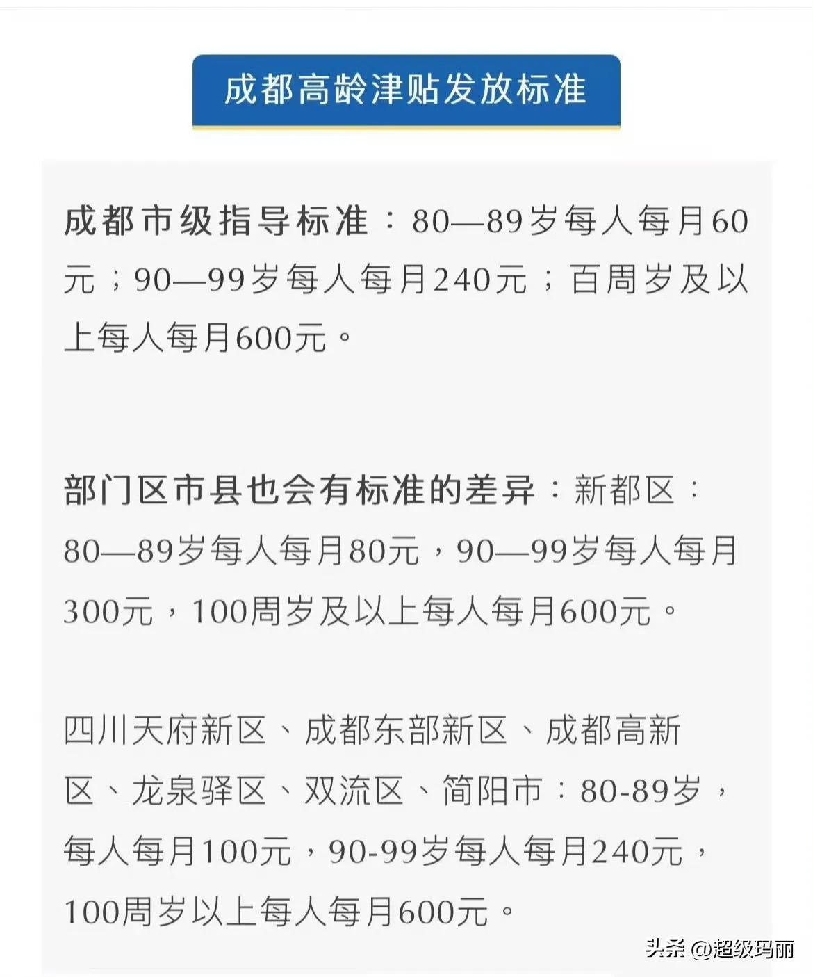 大家当地的高龄津贴是多少？
成都这边的标准：
80-89岁每人每月60元。
90