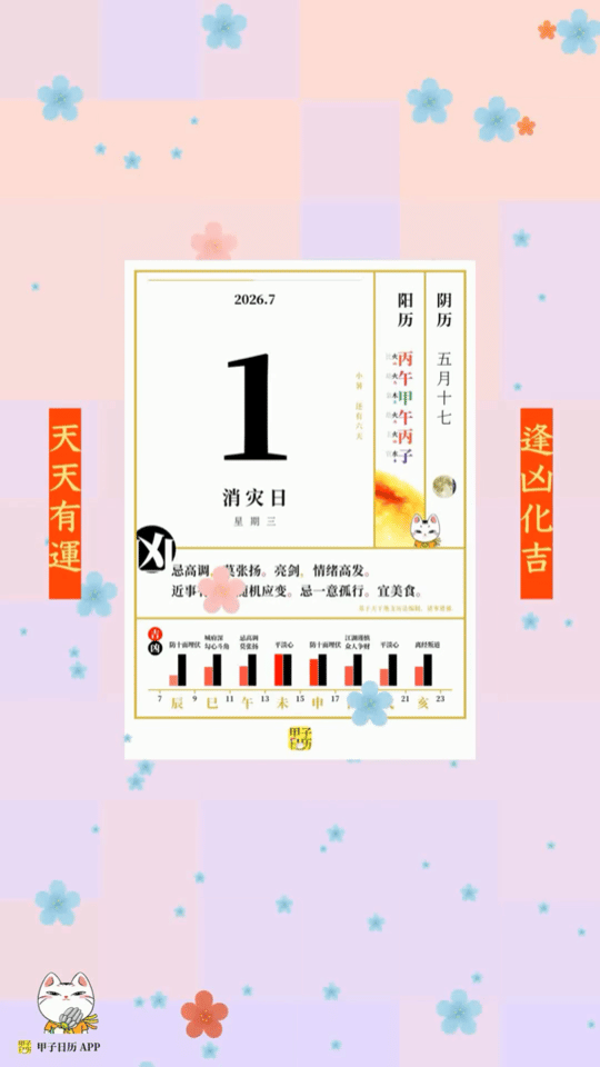 甲子日历 7 月 1 日，消灾日。忌高调，莫张扬。亮剑，情绪高发。📆 星座人生