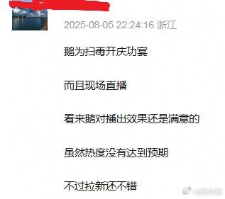 扫毒风暴有庆功宴今晚扫毒风暴有庆功宴，看来鹅挺满意的，虽然未达预期，但拉新不错。
