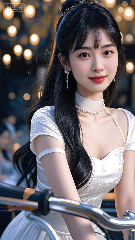 一个穿白色裙子的女生骑着自行车。