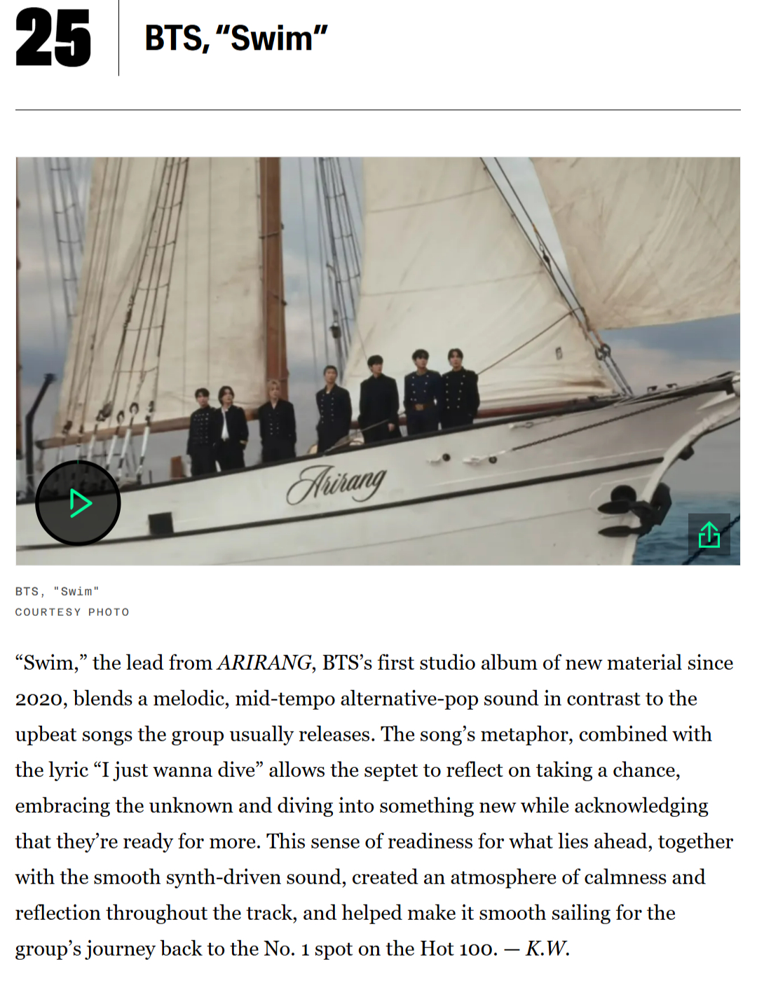 BTS《ARIRANG》入选Billboard评选的2026年迄今为止最佳专辑，