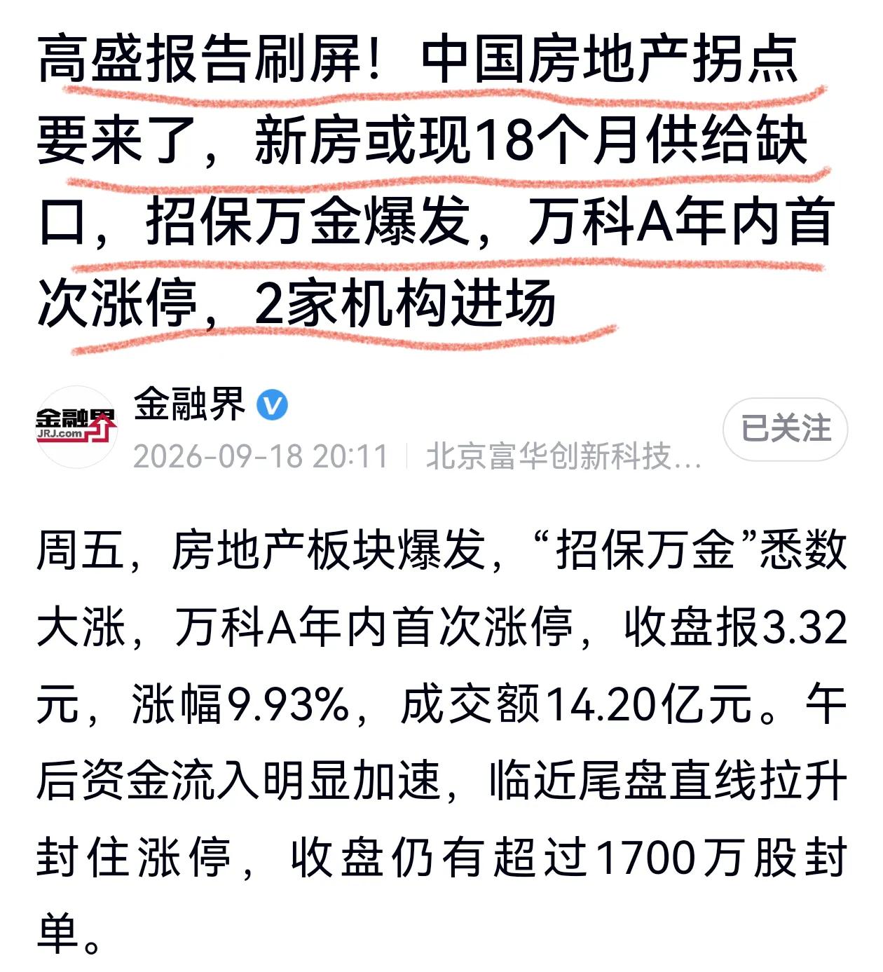 别太入戏太深了！高盛报告刷屏，新房2027年现供应缺口，房地产板块应声拉升，偿债