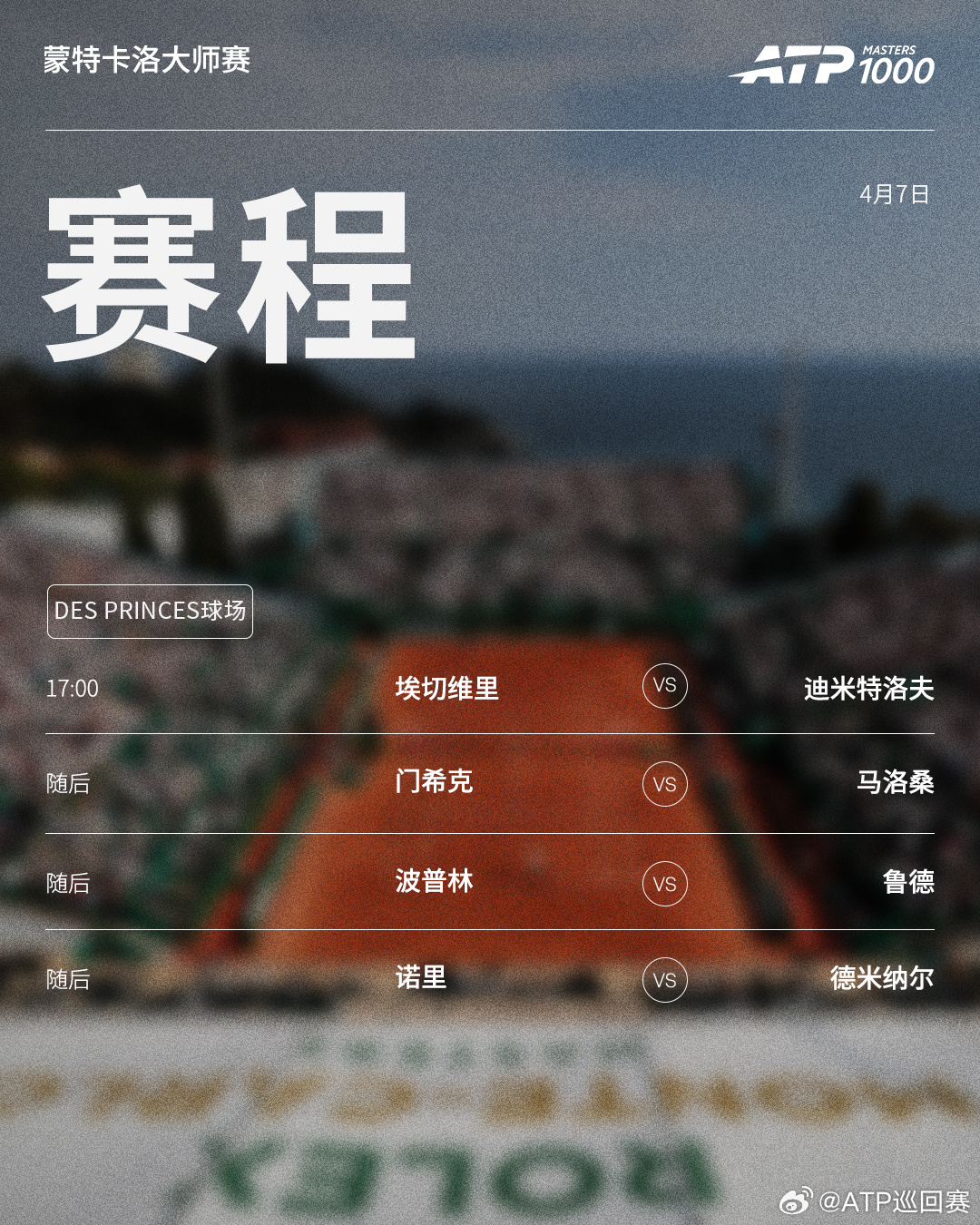 ATP1000 蒙特卡洛大师赛周二赛程如下（均为北京时间）👀📍蒙特卡洛网球俱