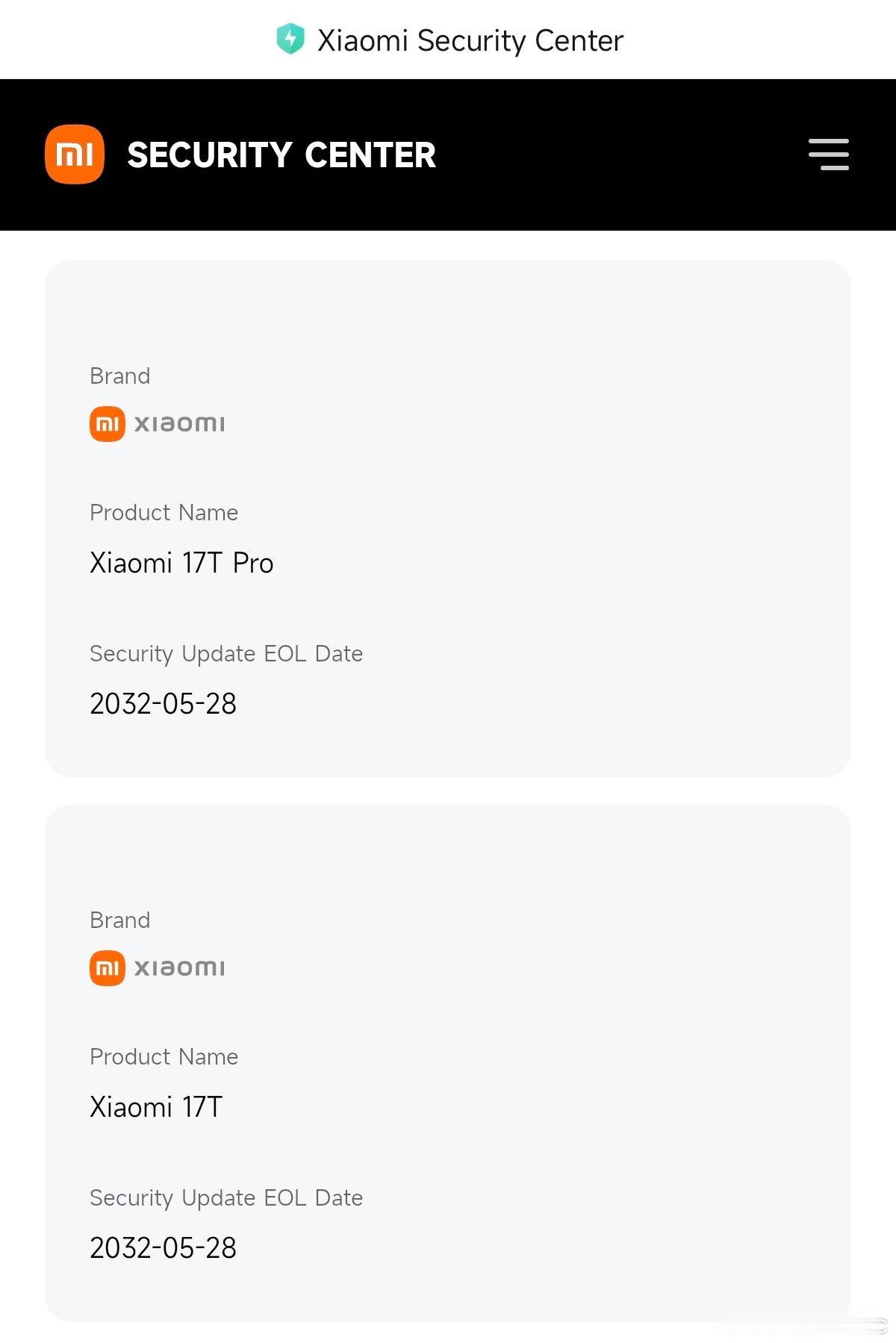 小米澎湃OS3 Xiaomi 17T 系列的维护时长公布：提供 6 年安全更新至