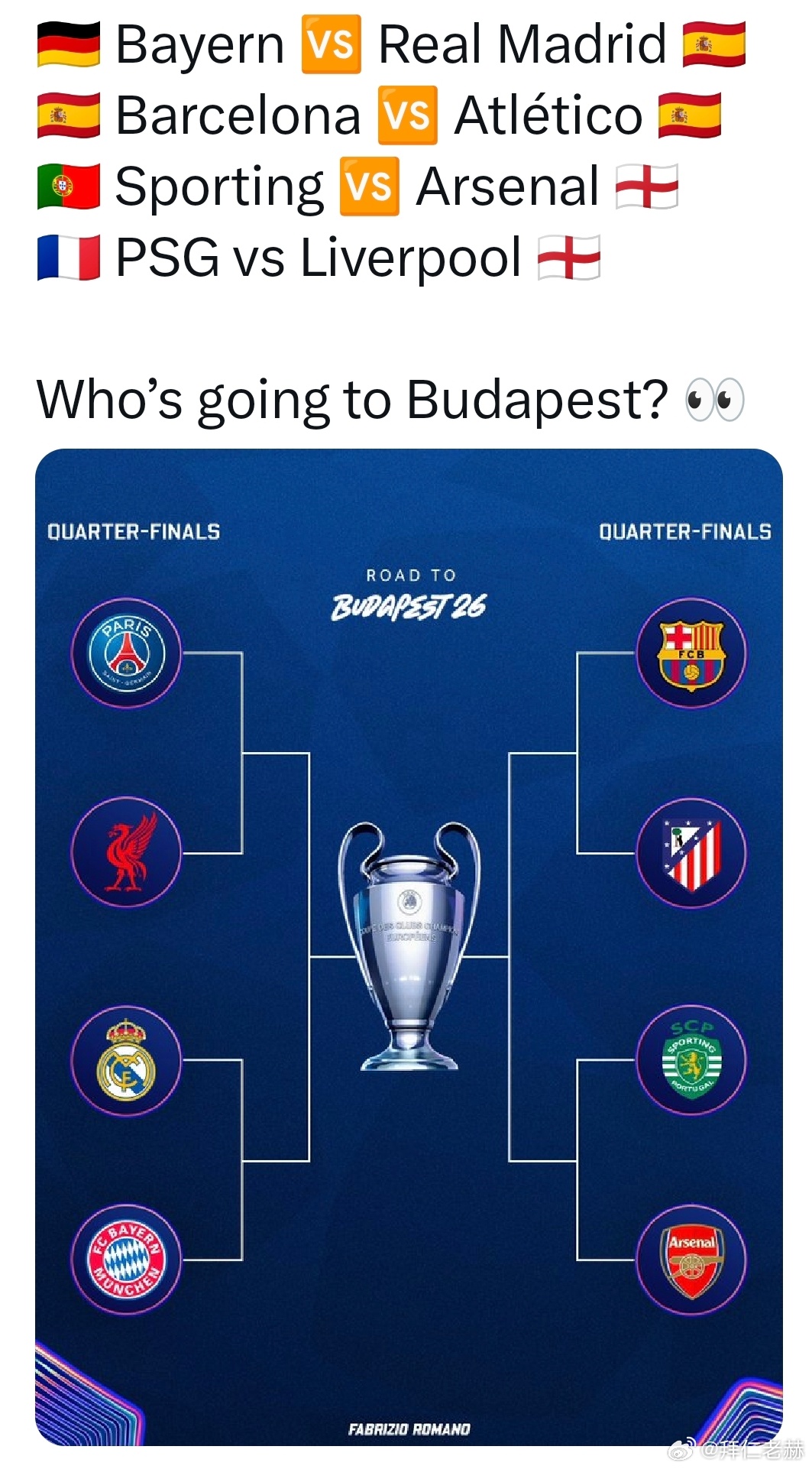 [欧冠进入真正的热血阶段］西甲3英超2德甲1法甲1葡超1谁将出现在布达佩斯决赛？