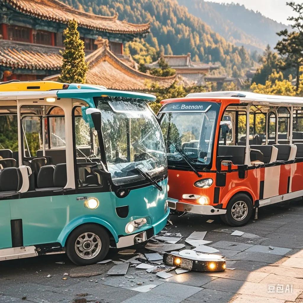 河南某景区观光车相撞河南济源王屋山风景区惊险一幕！观光车相撞，有人惊呼骨折？现场
