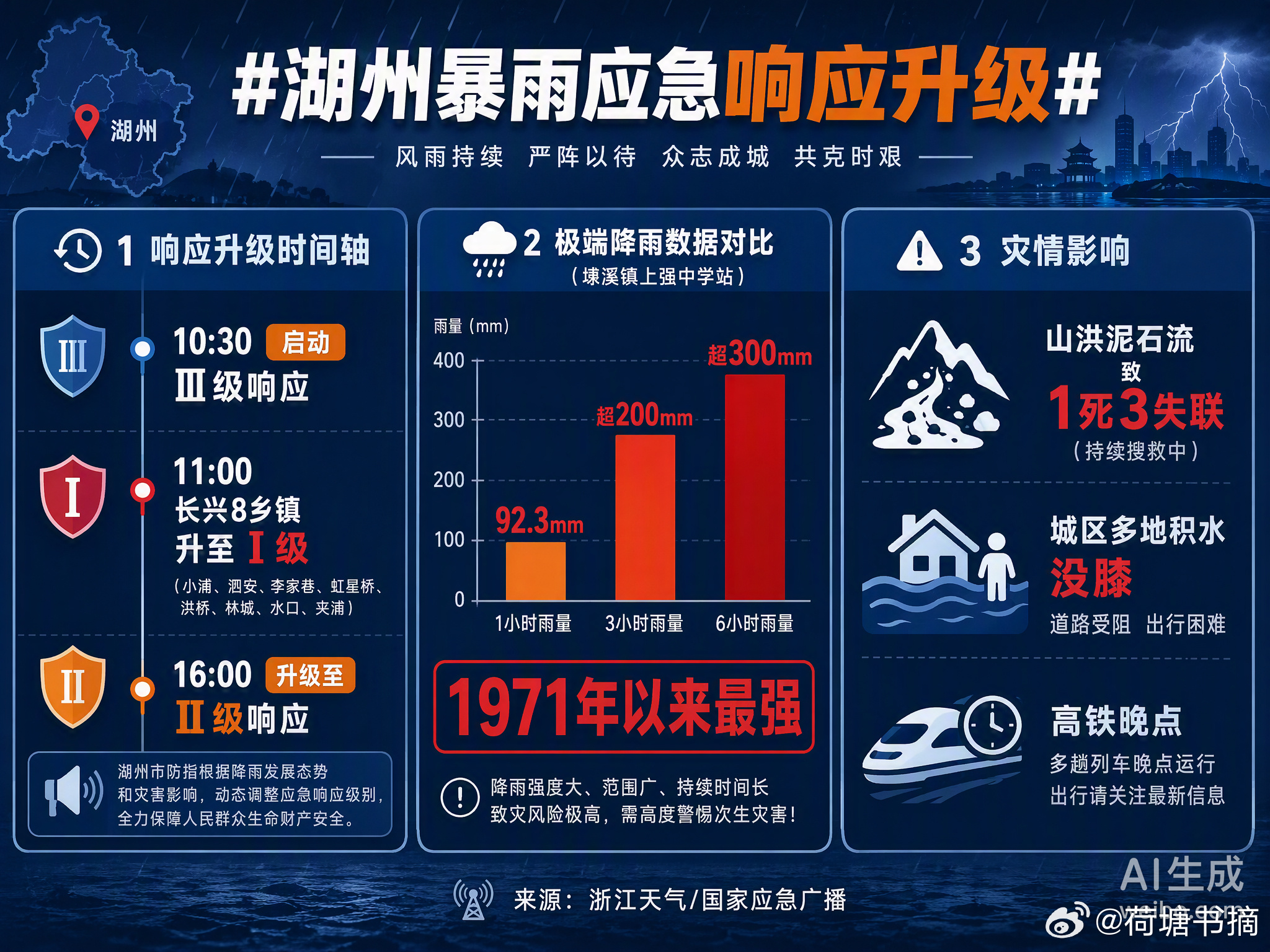 湖州这场暴雨来得太猛。长兴8个乡镇直接拉响最高级Ⅰ级应急响应，和平镇滩龙桥村发生