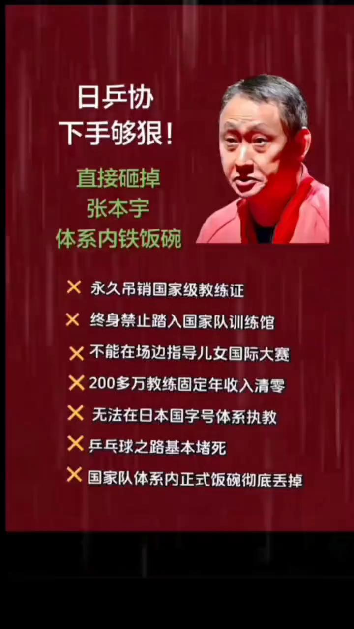下手够狠！直接砸掉张本宇。
体系内铁饭碗，永久吊销国家级教练证，终身禁止踏入国家