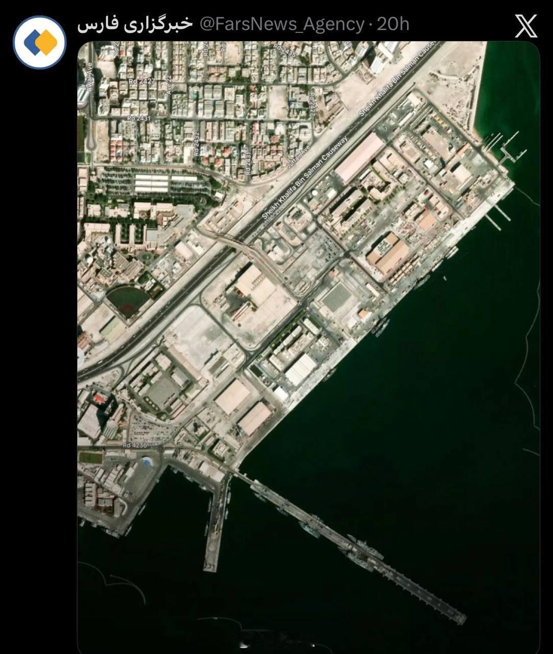 法尔斯通讯社发布了一张美国海军第五舰队在巴林的照片，但未附注任何说明。暗示美国发