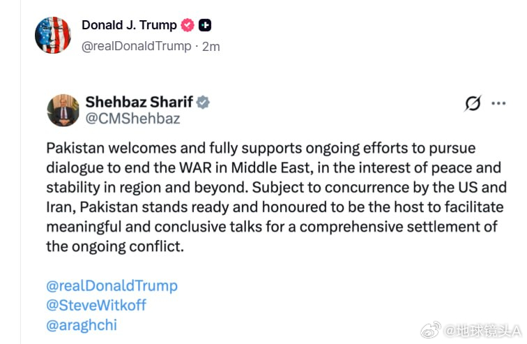 以色列被打穿了 懂王刚刚转发了巴基斯坦总理的帖子谢里夫表示，巴基斯坦愿意为美伊谈