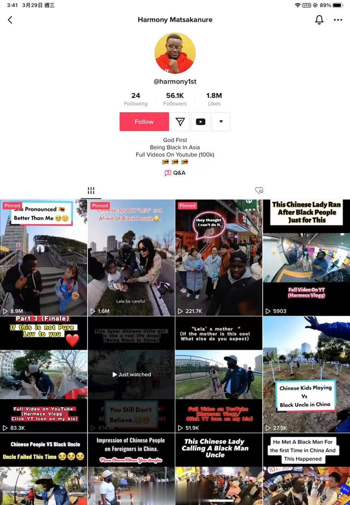 这个黑人一直在tiktok发视频说中国女人喜欢黑人，黑人在中国受到欢迎，鼓吹黑人