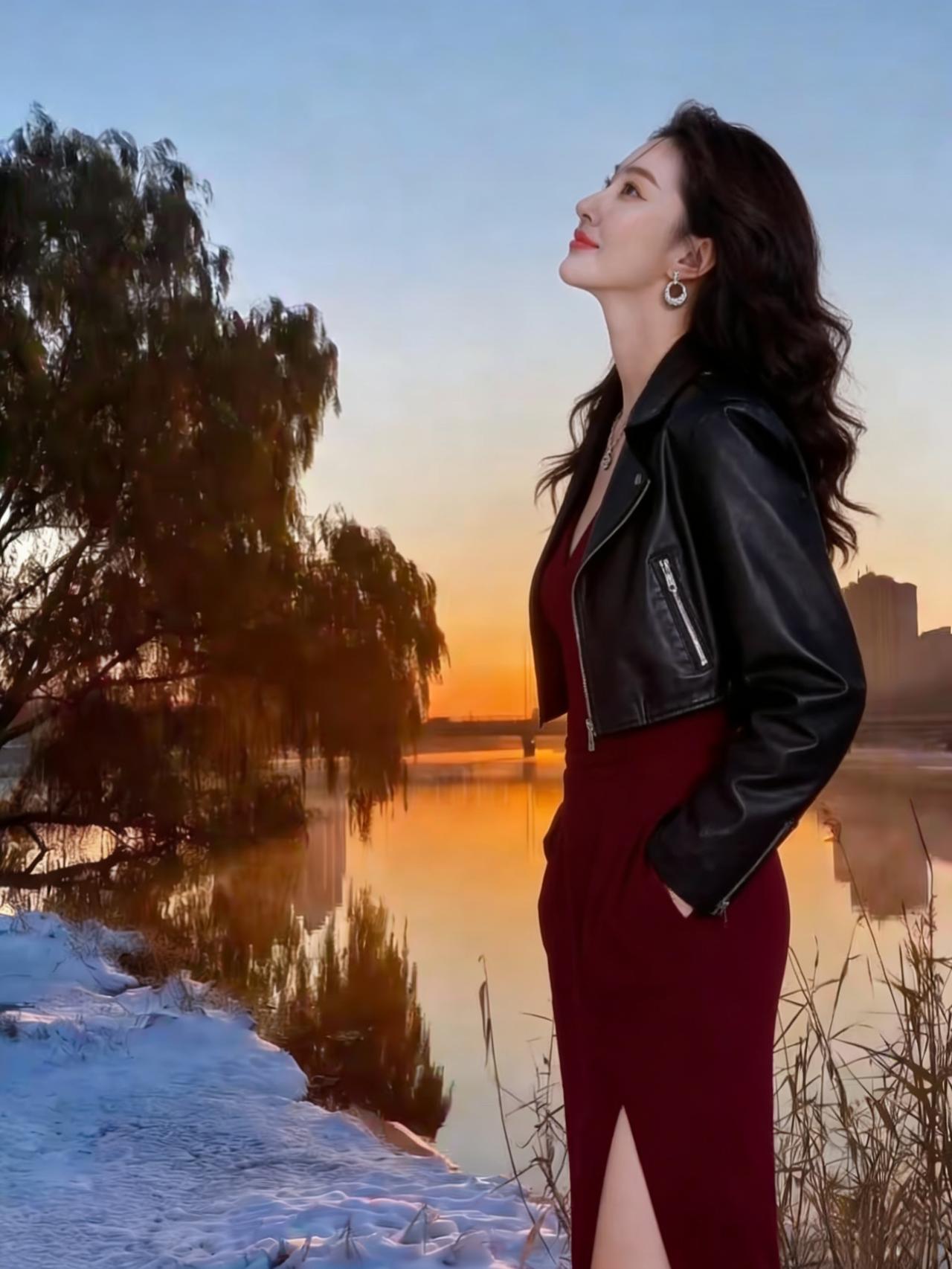 落日熔金液，寒汀覆玉尘。
皮衣遮秀骨，红袂露纤身。
仰首邀清景，凝眸望远津。
柳