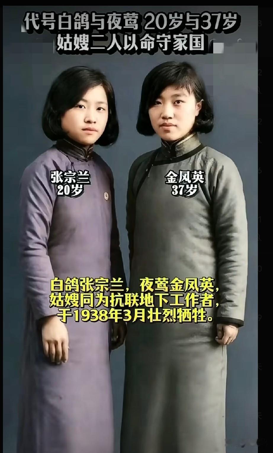 一张旧照，两位巾帼，看完久久无法平静。
左边20岁张宗兰，代号白鸽；
右边37岁