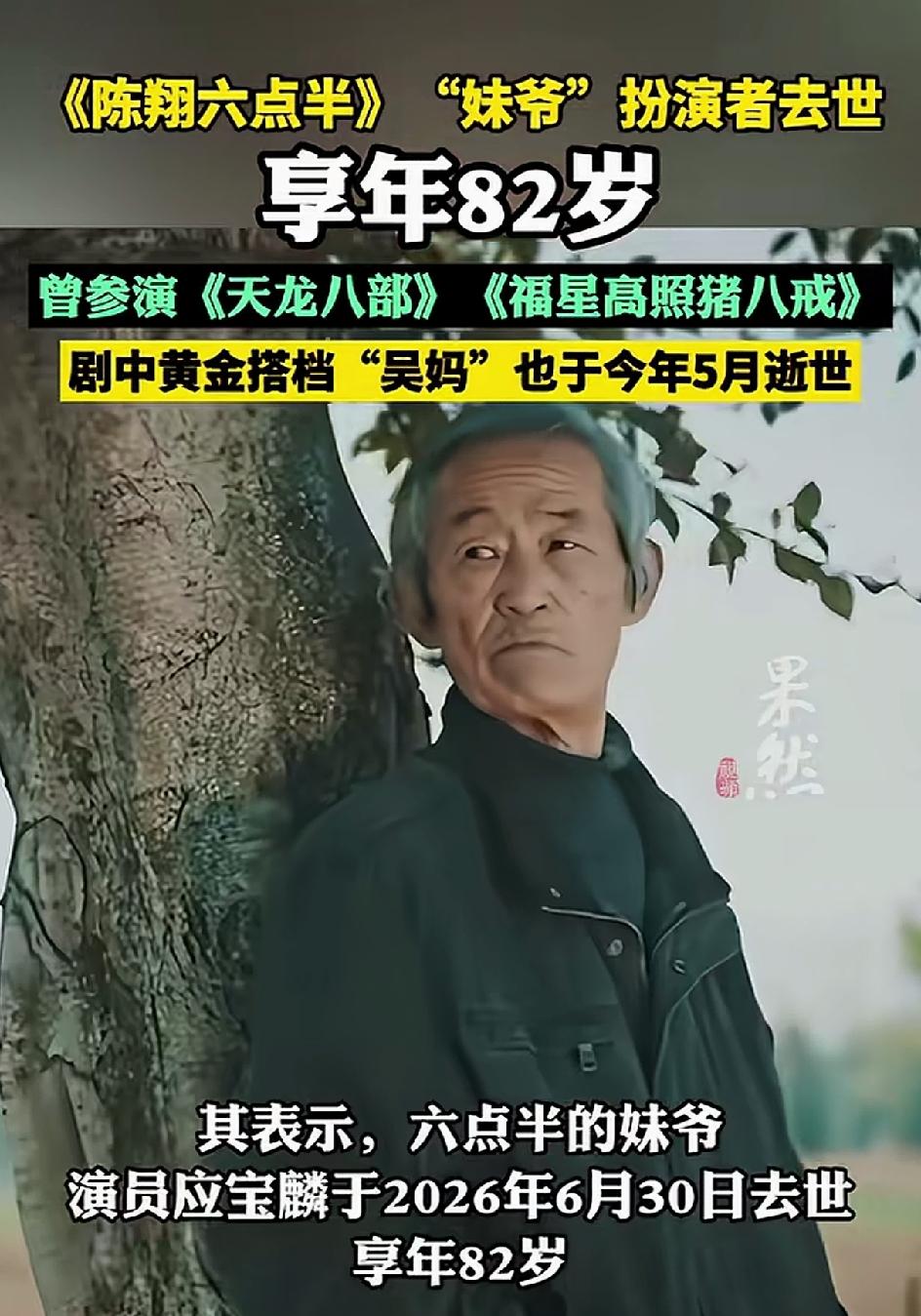 陈翔六点半讣告:妹爷扮演者应宝麟于2026年6月30日下午去世，享年八十二岁。与