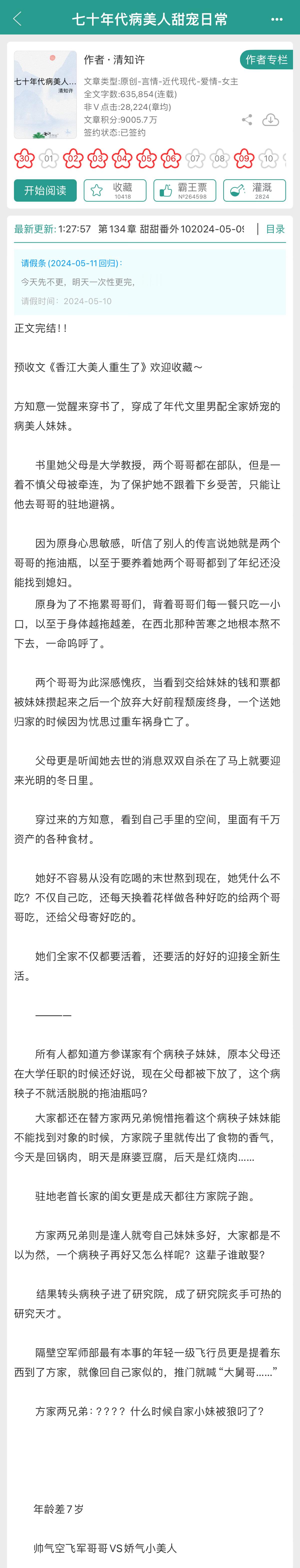 近期#新文完结# ，蹲个大家的反馈1. 《七十年代病美人甜宠日常》by清知许帅气