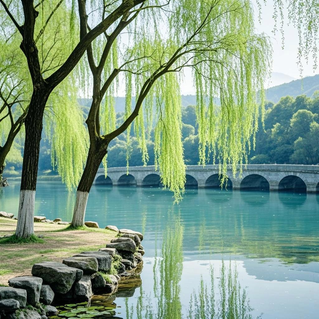 出句：风拂春堤摇翠影；
对句：雨润柳岸点新绿。

联意赏析：[大金牙]
[比心]