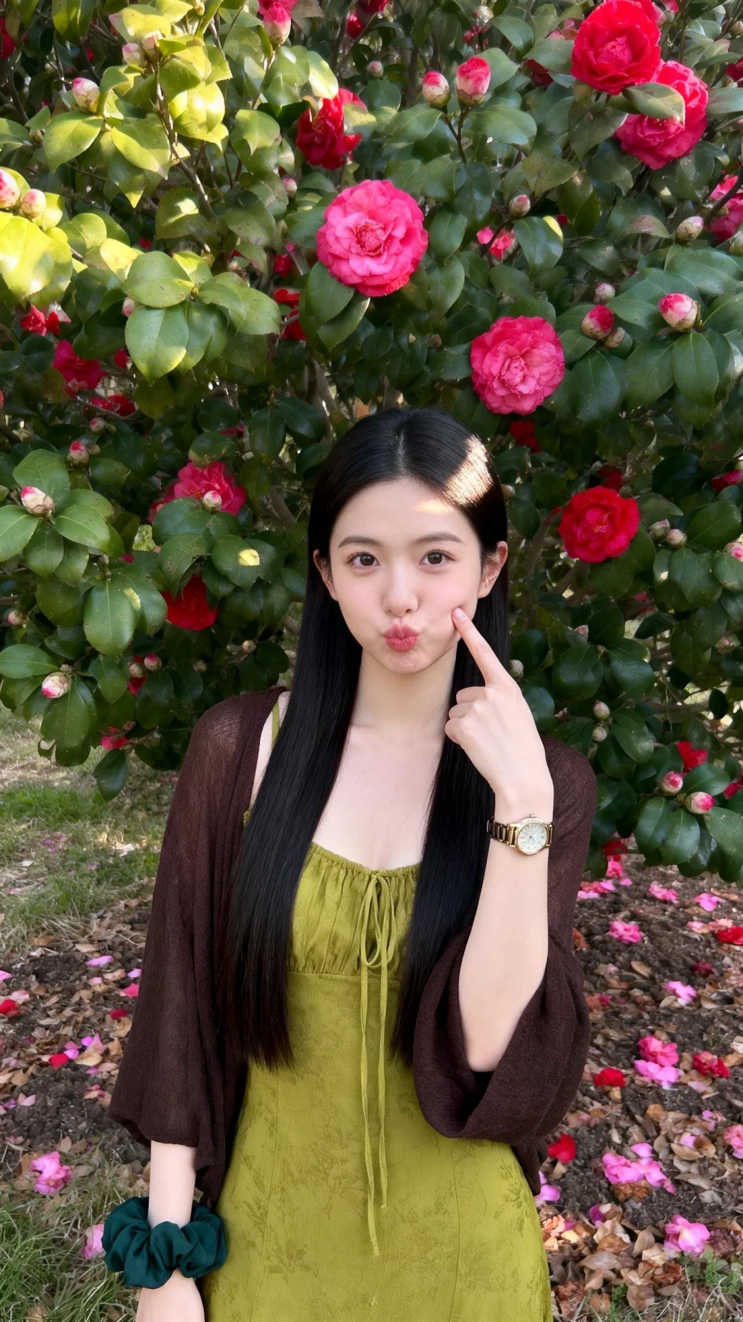 帮我生成图片：这张图片呈现出充满春日氛围感的户外场景： 主体人物 画面...