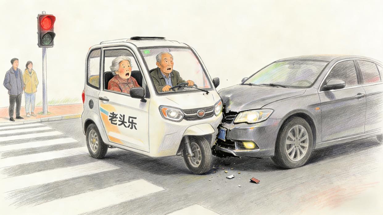 上海七旬夫妇驾驶无牌无证“老头乐”闯红灯，与正常行驶轿车相撞致多处骨折，索赔70