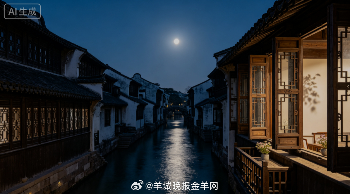 #晚安# 皎洁月光静静淌过古镇河道，波光映着两岸黛瓦白墙，晚风褪去白日燥热。倚在