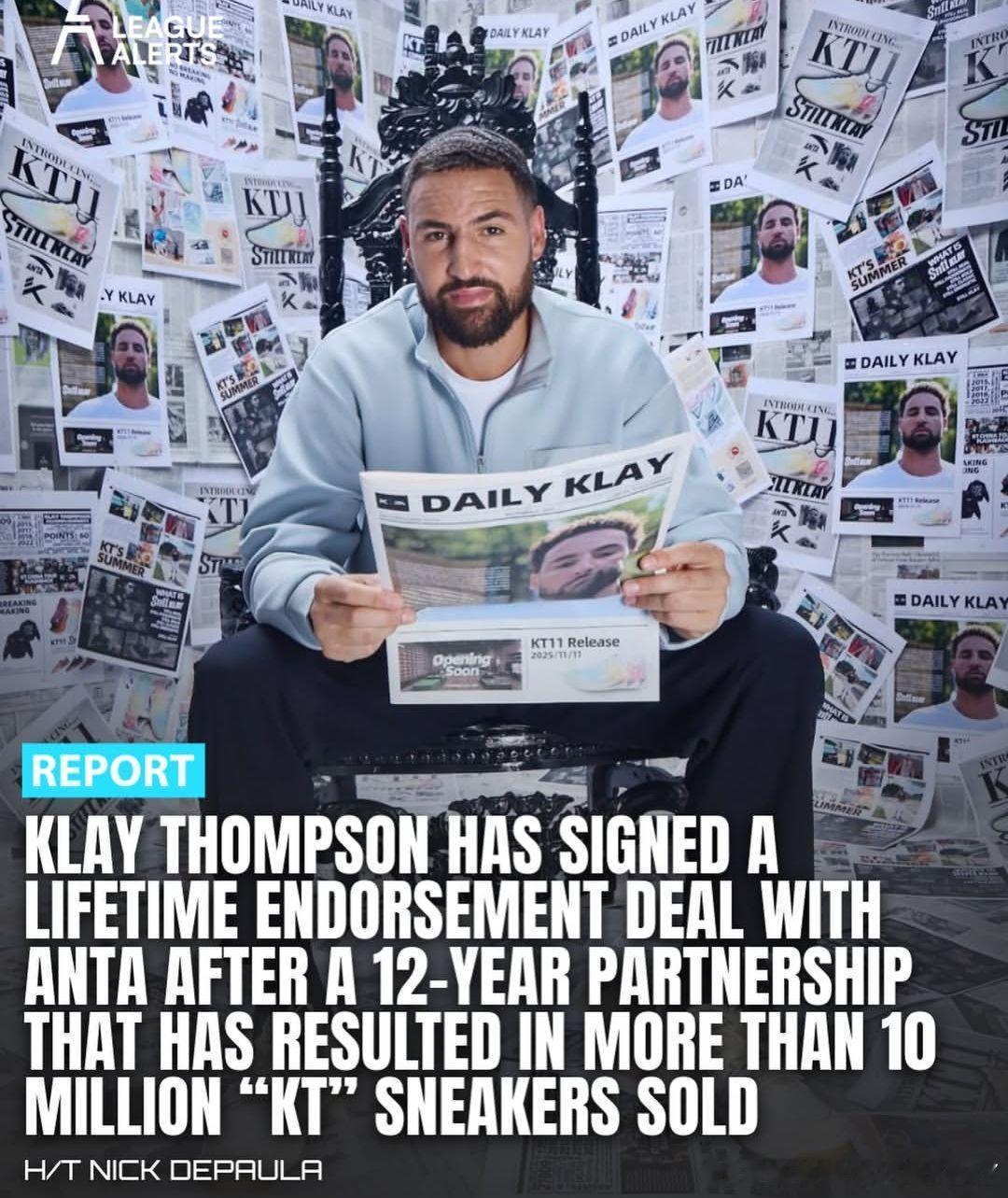 在与ANTA合作12年期间售出超过1000万双KT球鞋后，克雷现在签署了一份终身