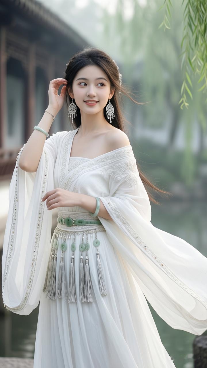 古风少女漫步在江南水乡，白衣飘飘，宛如仙子。