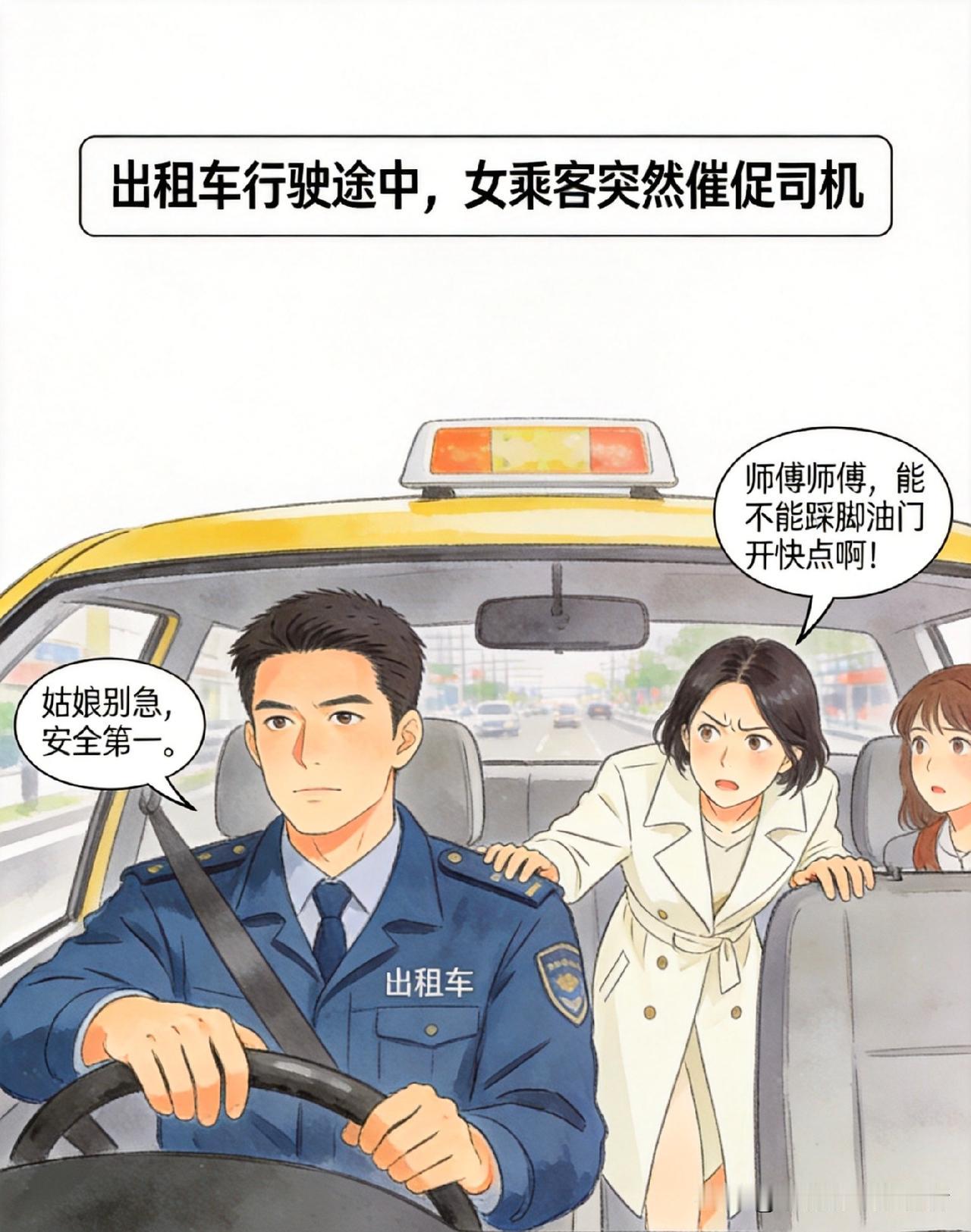 趣味漫画：女子：师傅能不能开快点！司机：安全第一。女子：我老公出轨了！我要去抓他