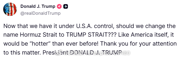 中东局势 特朗普：现在我们已经将其置于美国控制之下，我们是否应该把霍尔木兹海峡改
