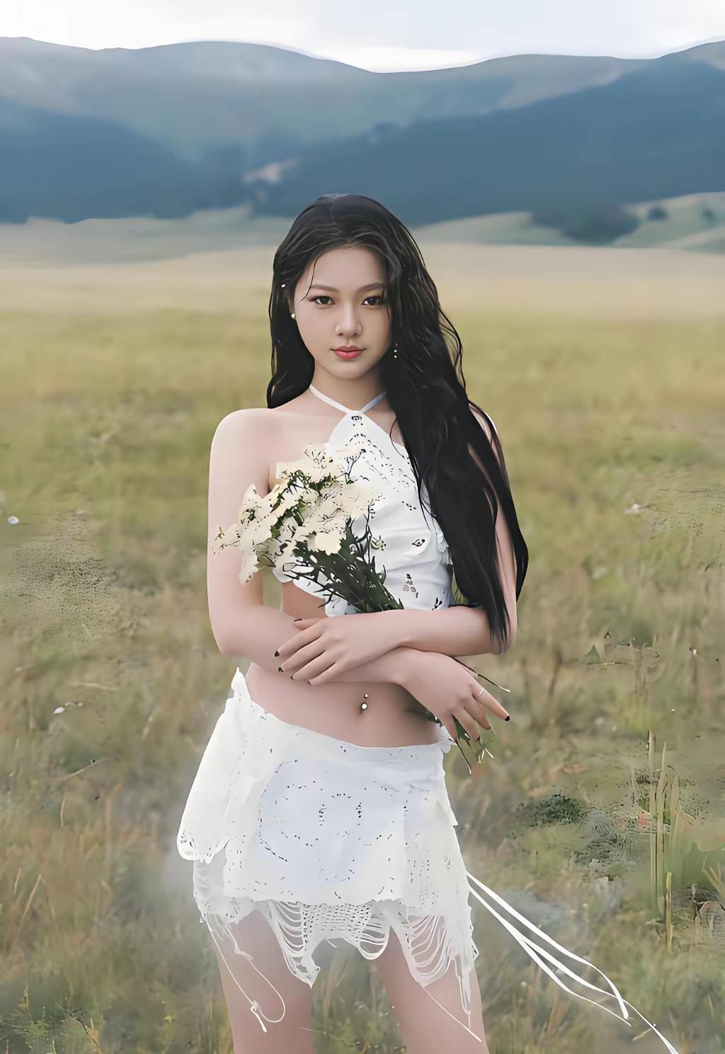 在山野间，遇见一抹白衣少女，手捧花束，如梦如幻。