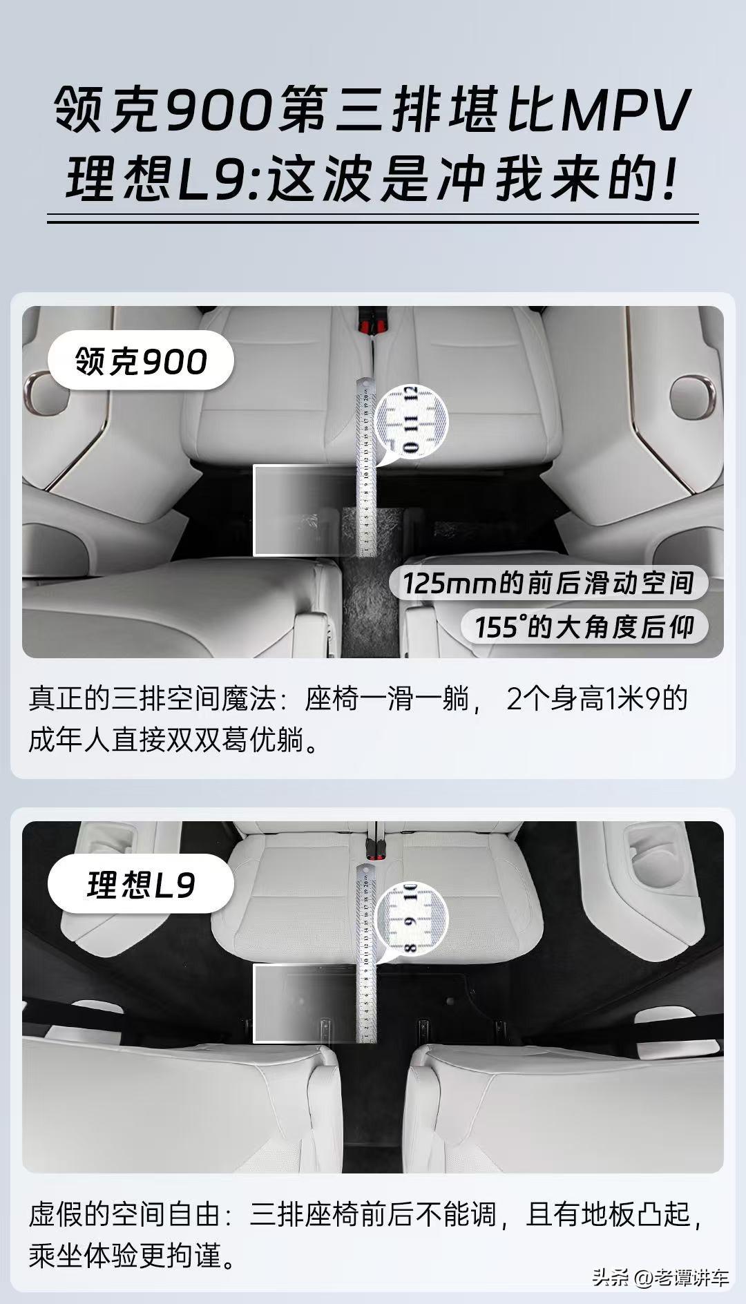 三排空间自由如何诠释？领克900三排拥有125mm的前后滑动空间，155°的大角
