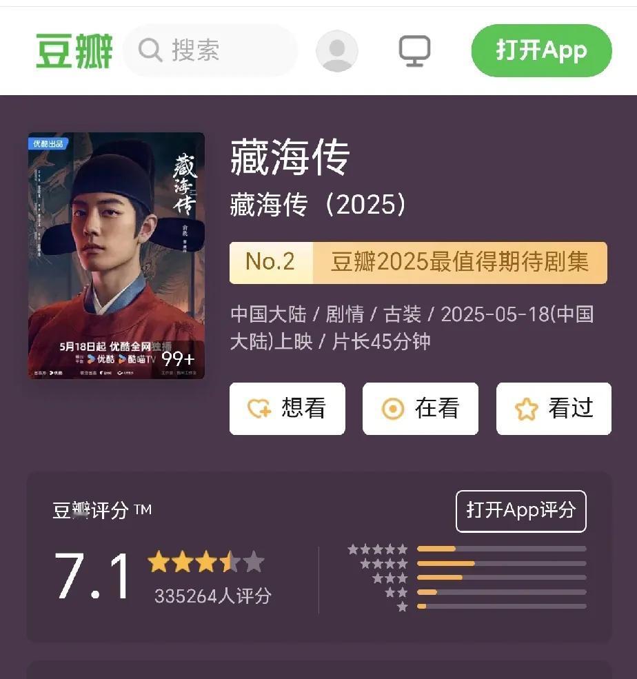 肖战，这次被夸爽了！

《藏海传》豆瓣定分7.1分，比射雕狂涨了近两分！足以可见