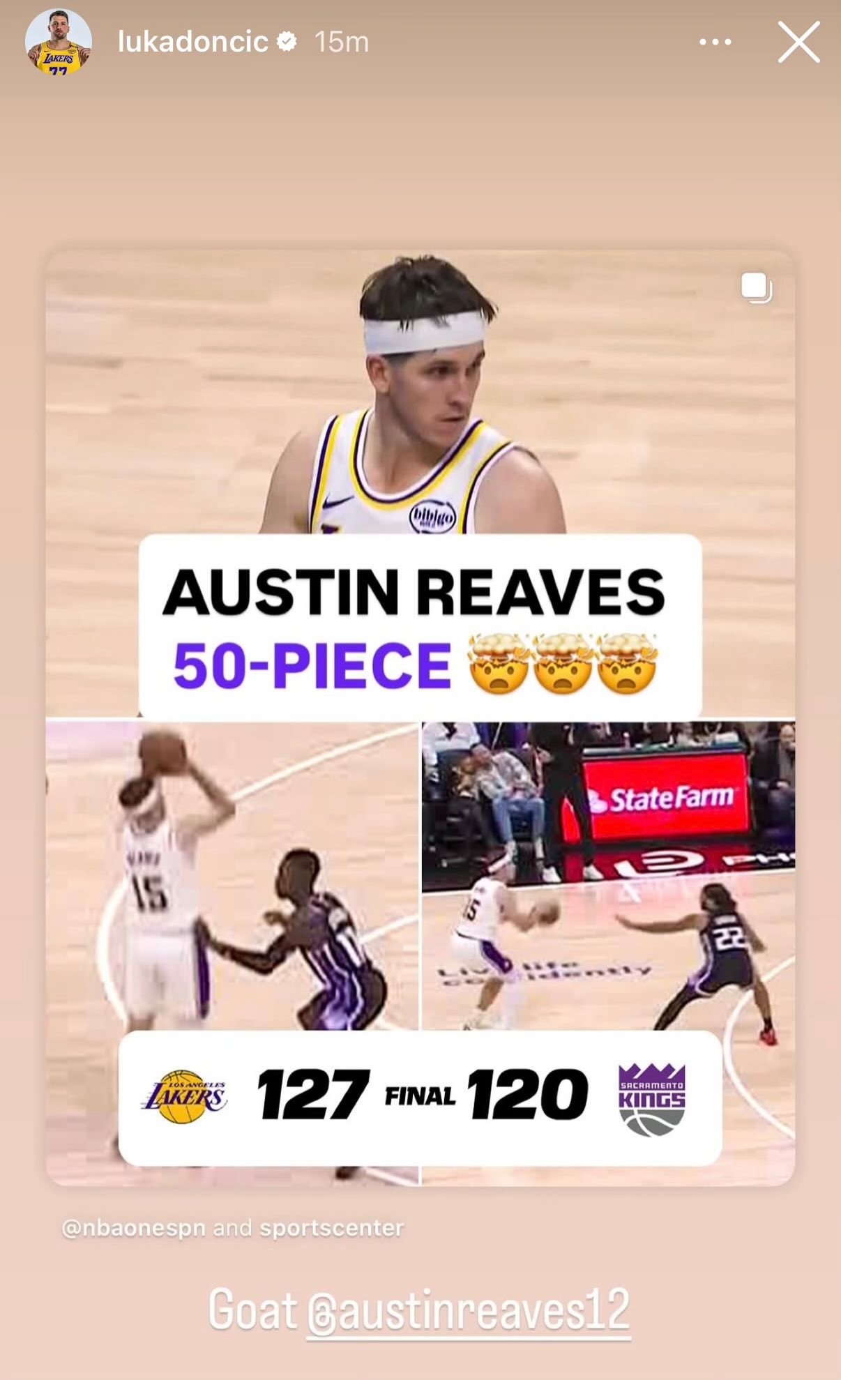 东子也给里夫斯打call[doge]，上一场东子差一个罚球也50分，可惜没进[允