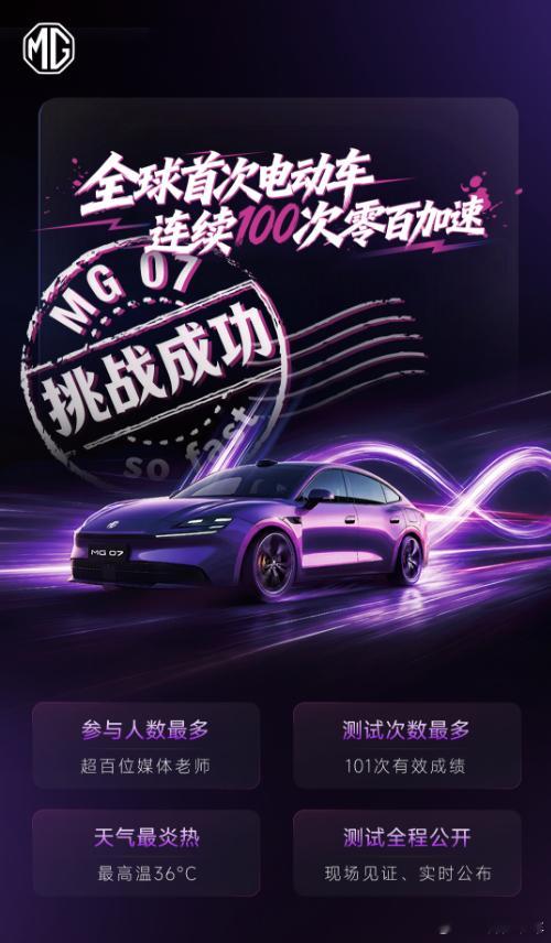 现场见证，全球首次电动车连续100次零百加速MG07  挑战成功🏆最快5.67