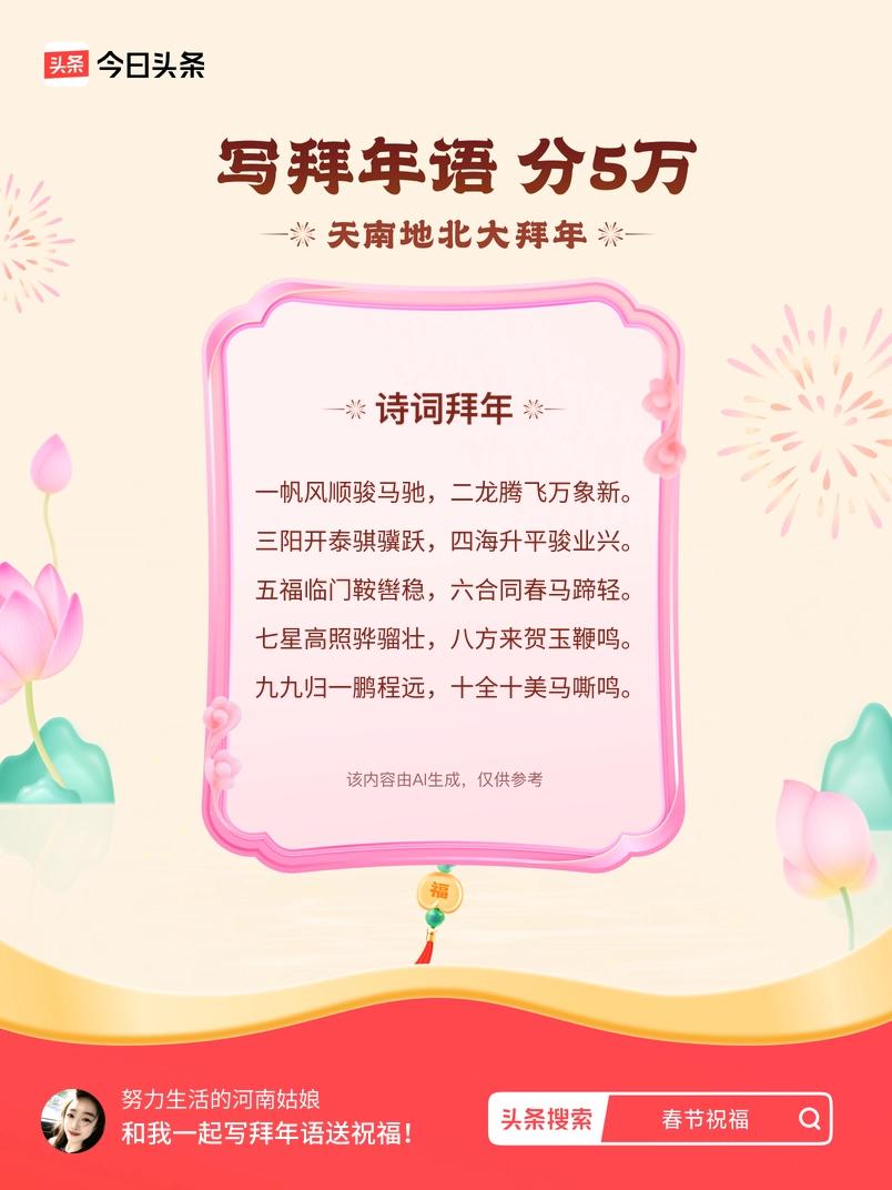 写拜年语送祝福新春拜年送祝福！我的祝福是：“一帆风顺骏马驰，二龙腾飞万象新。三阳