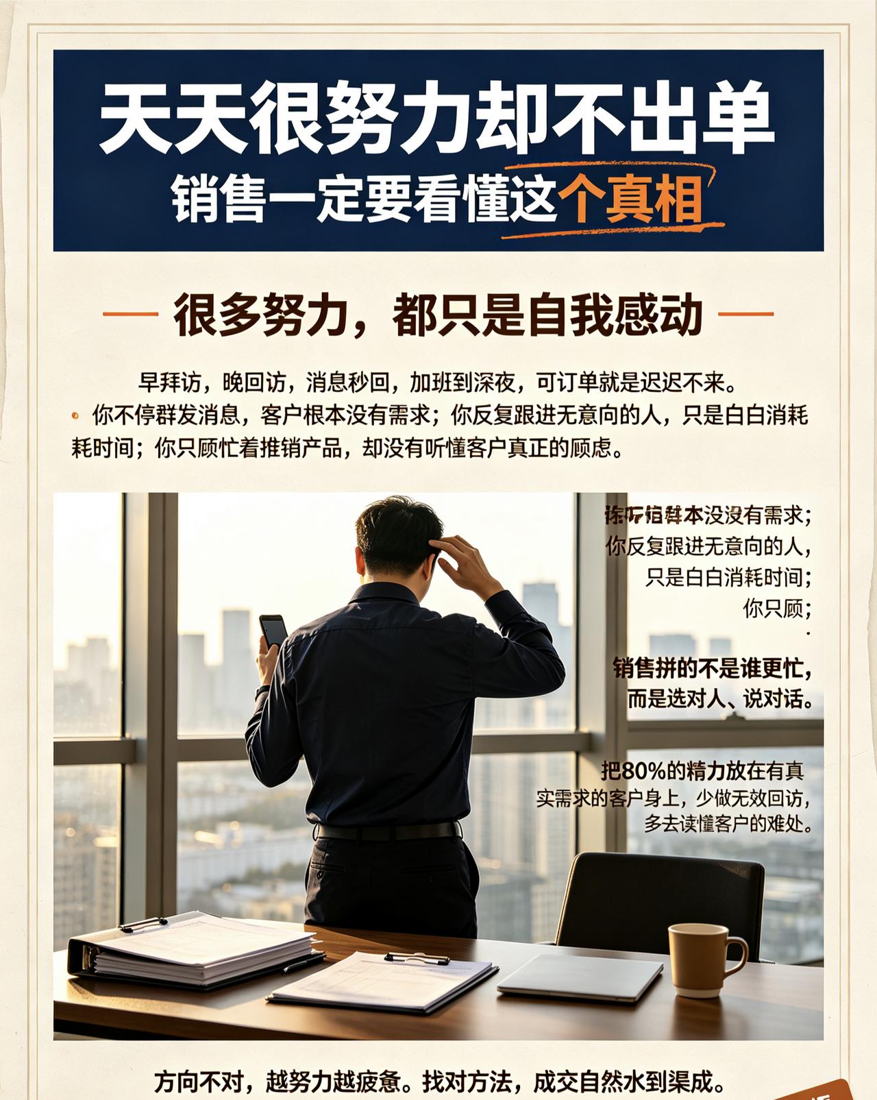 为什么天天很努力却不出单，销售一定要看懂这个真相
 
很多销售每天忙得脚不沾地，