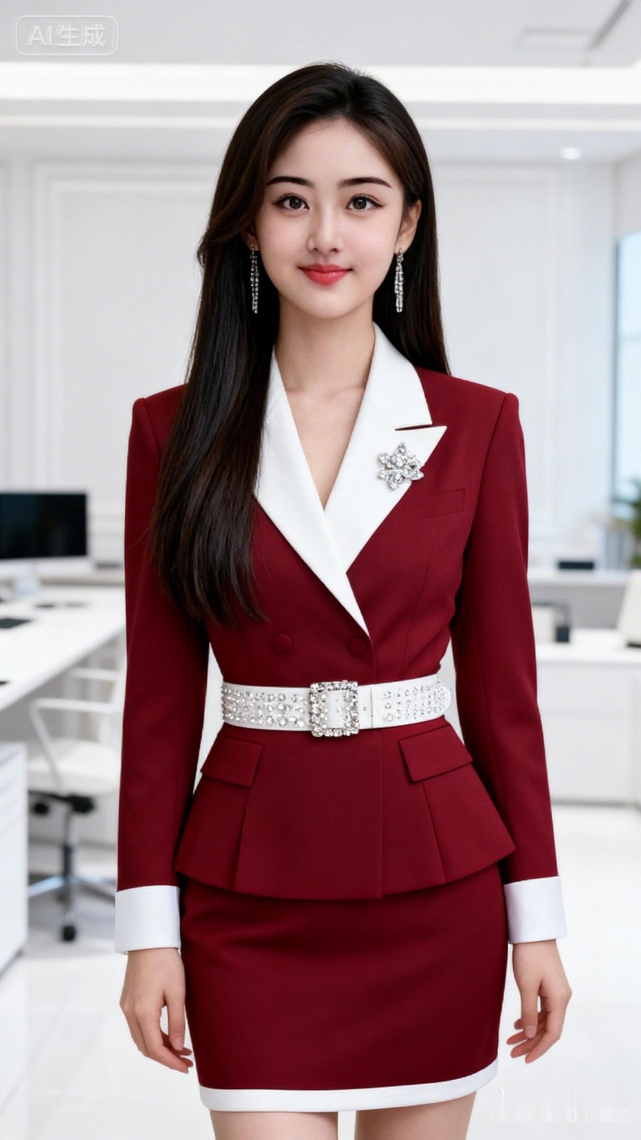 优雅，微笑，发丝柔顺有光泽，黑棕色长直发，浓眉大眼睛明亮有神，皮肤白皙，长耳坠，