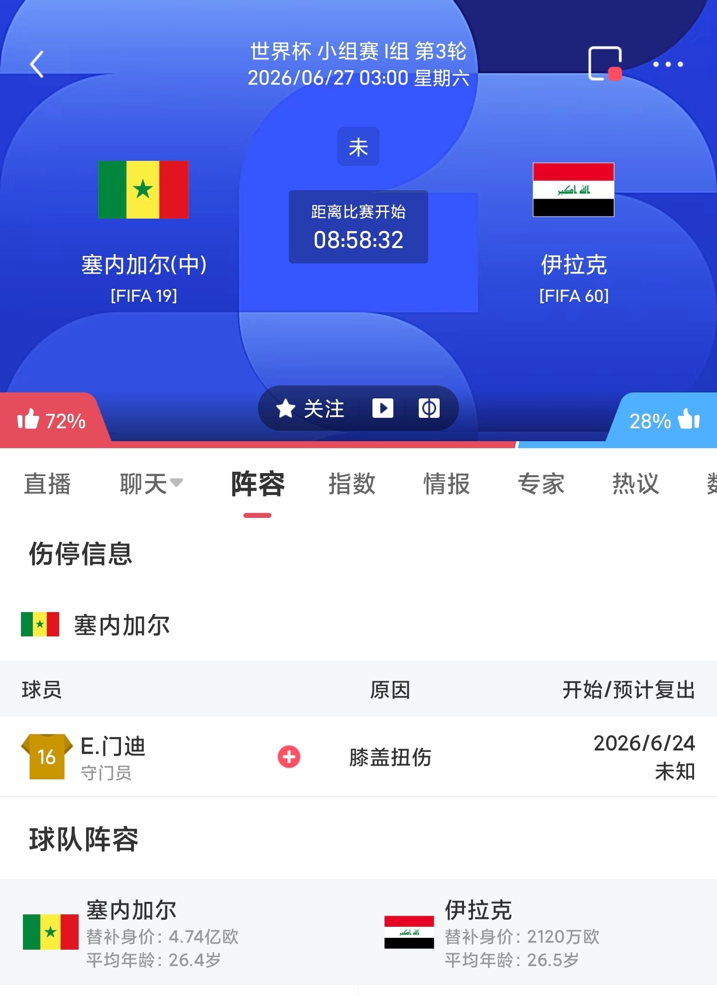 周五062 塞内加尔VS伊拉克更多足球计划臻选开赛时间：06-27 03:00身