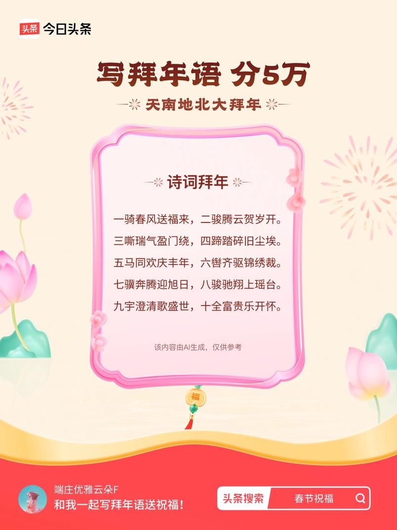 写拜年语送祝福新春拜年送祝福！我的祝福是：“一骑春风送福来，二骏腾云贺岁开。三嘶