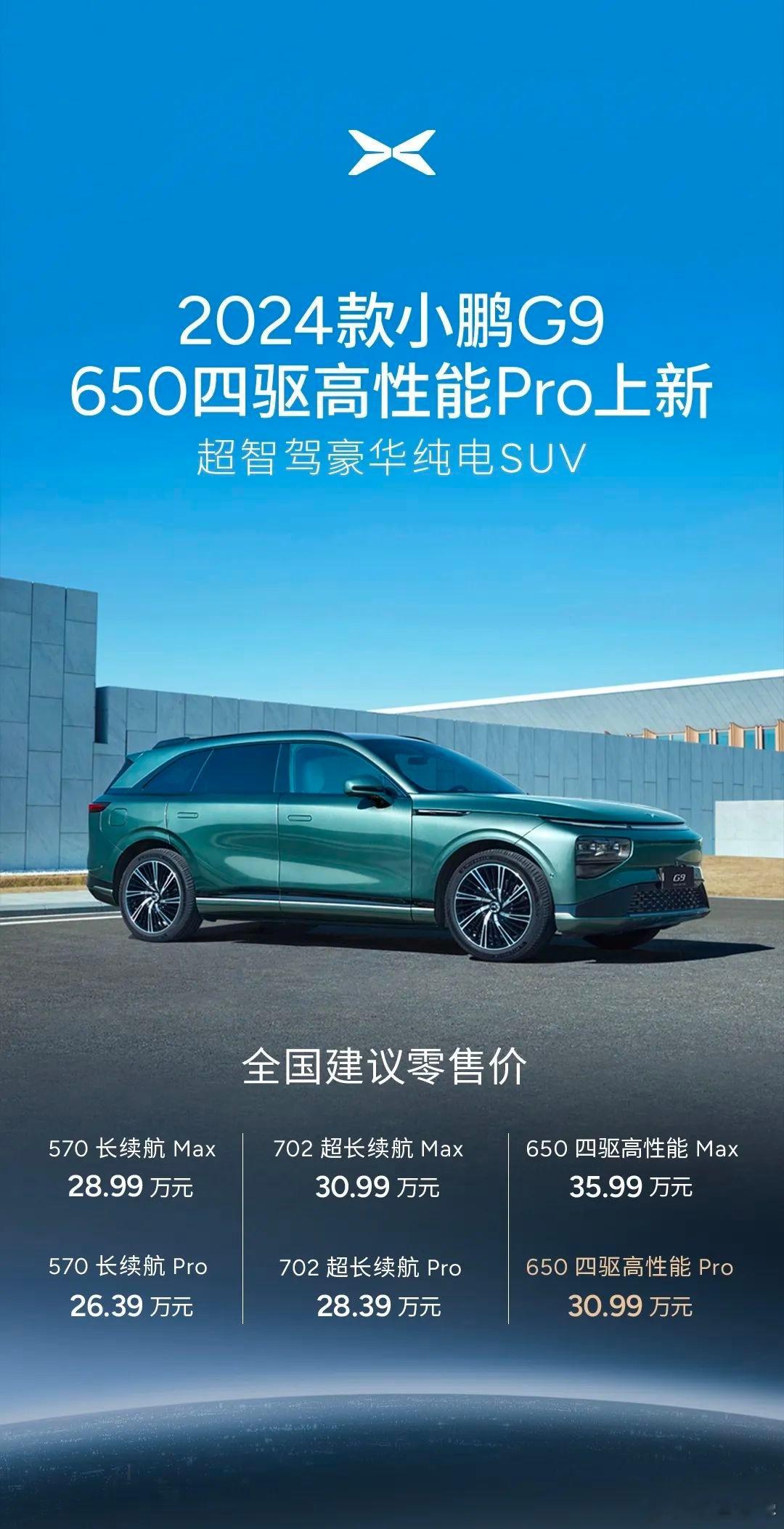 小鹏今天公众号官宣再推出了一款「G9 四驱高性能 Pro」版，售价为 30.99