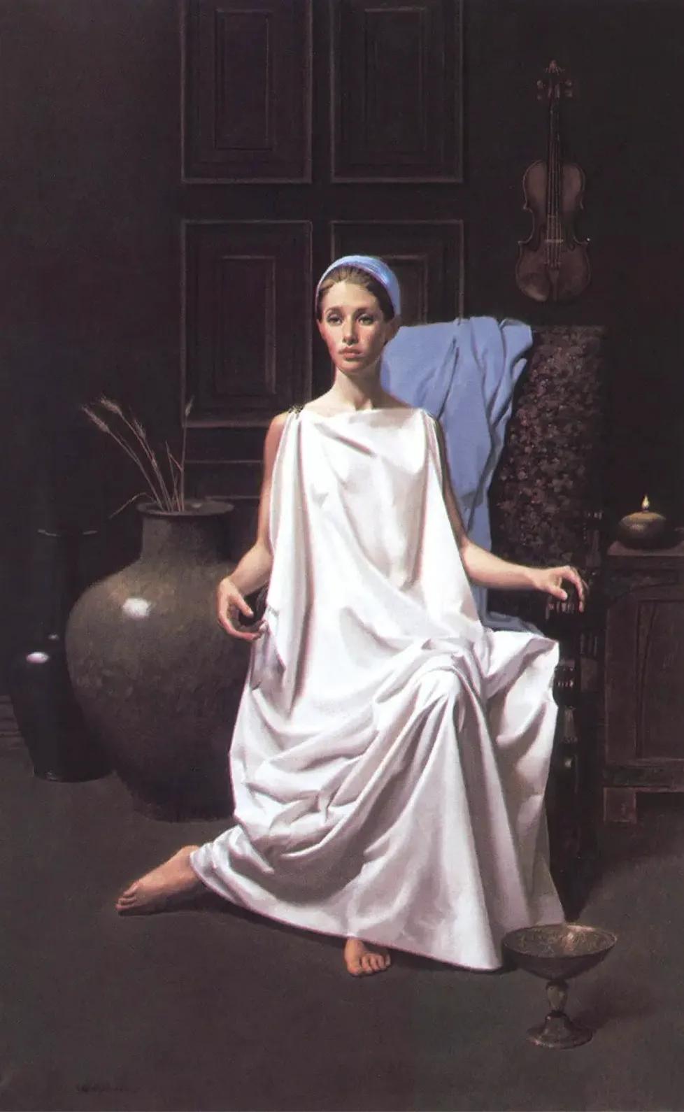 古希腊女神般的优雅姿态，静谧的氛围，仿佛时间静止。