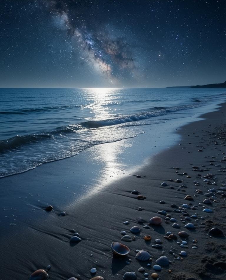 沿着沙滩漫步，白日里滚烫的细沙此刻温凉如玉。赤足踩上去，沙粒从趾缝间滑过，像时间