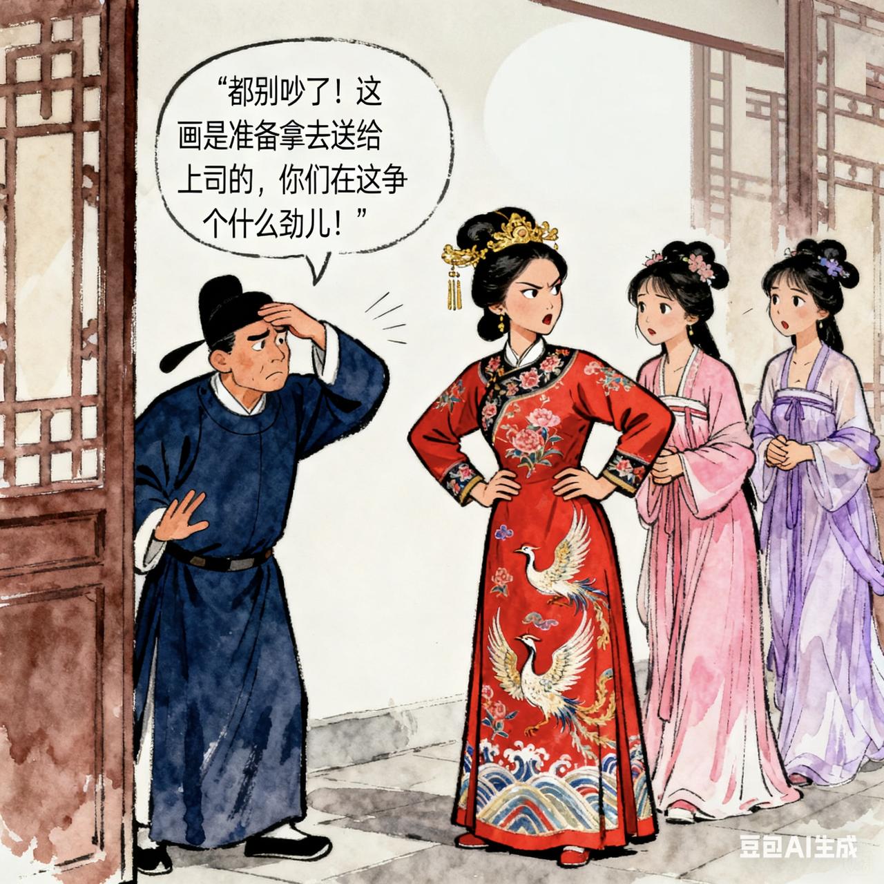 古代贪官笑话

贪官得了幅天价古画，带回府中，众妻妾立刻争着要挂在自己房里。
 