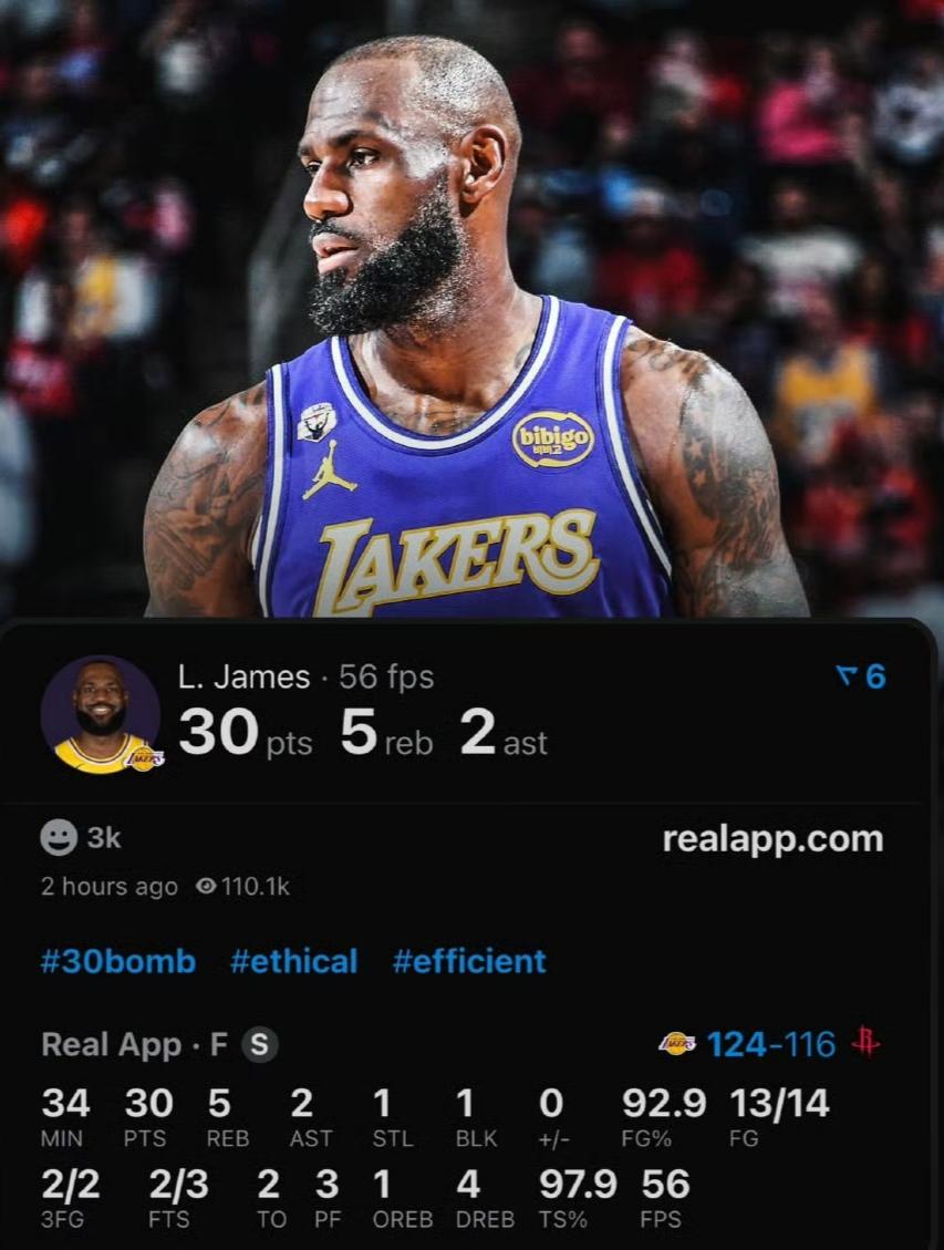 14中13！这是詹姆斯职业生涯30分以上命中率最高的比赛

湖人客场两杀火箭，拿