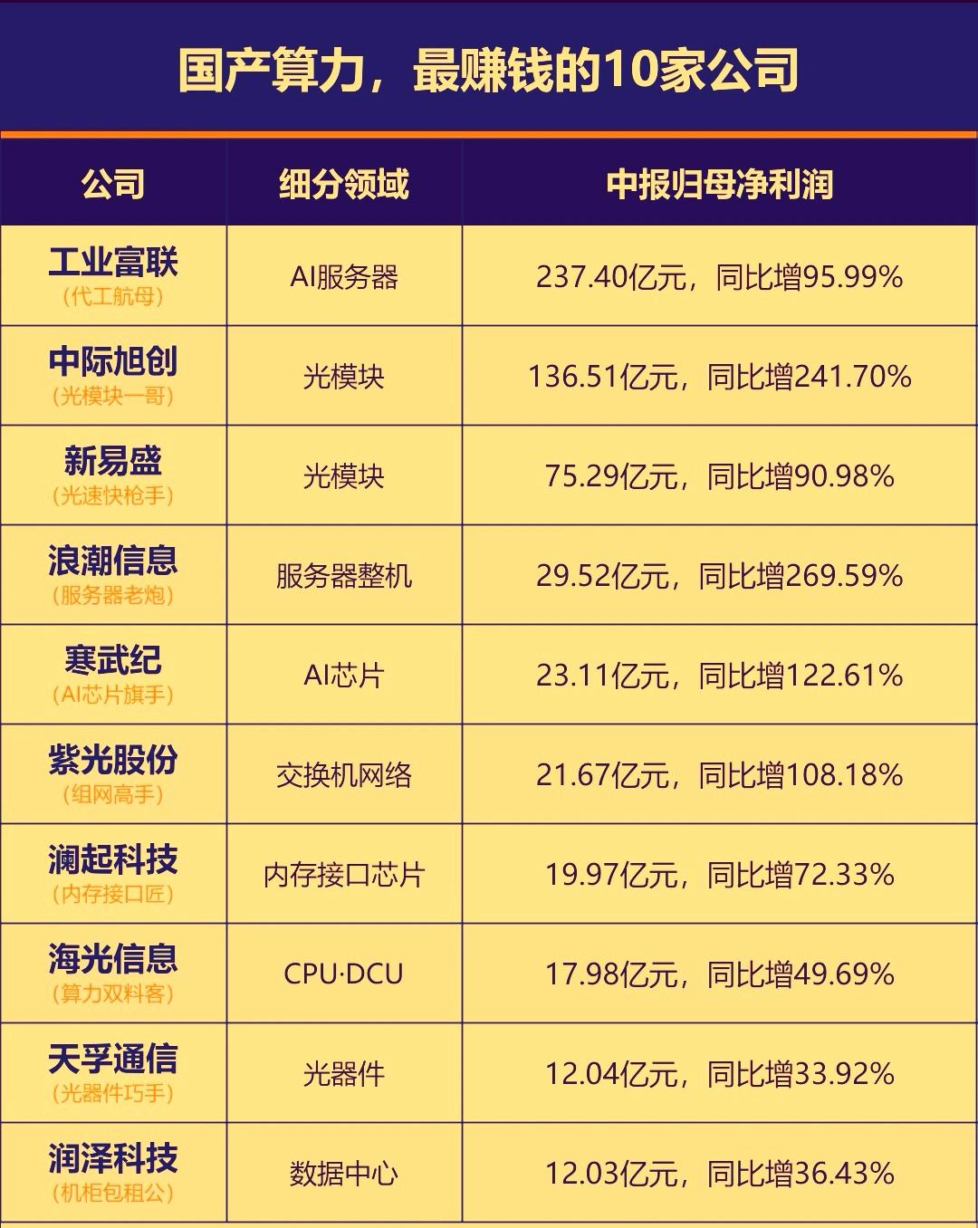 从最新业绩看，国产算力产业链盈利能力最强的企业主要集中在‌AI芯片中的海光信息和