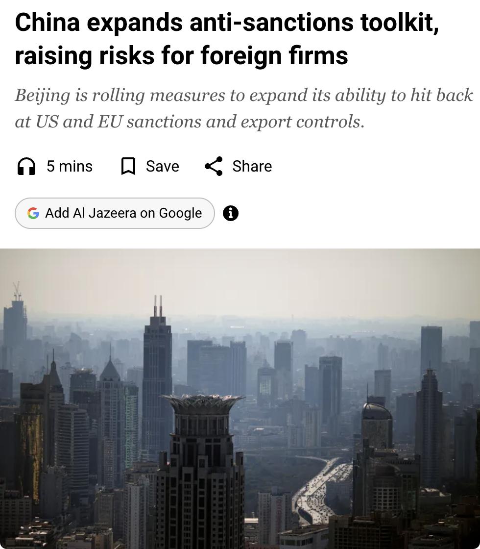 外媒：随着中美欧多轮制裁与反制交锋持续，中国正不断扩充反制外国制裁与出口管制的工