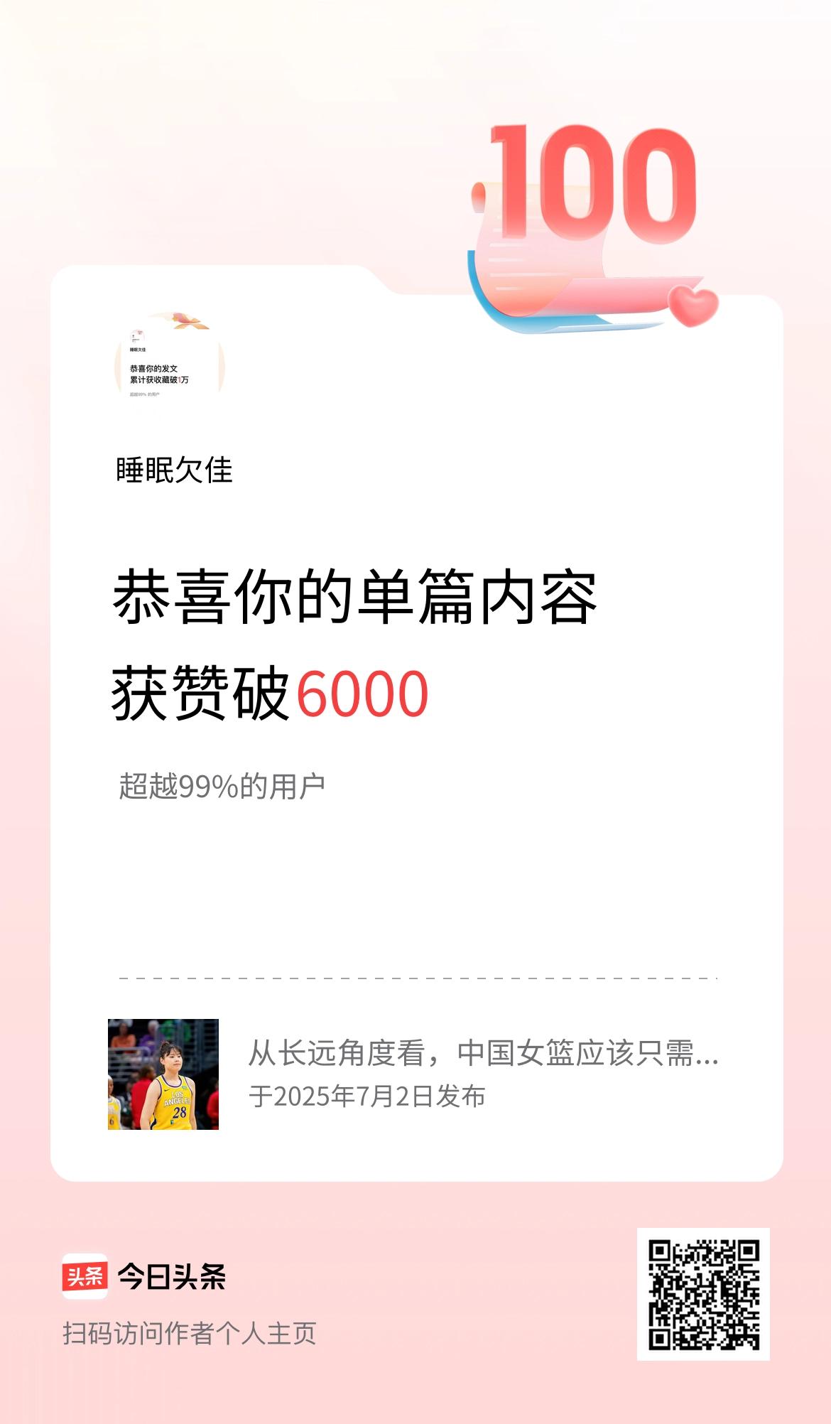 单篇内容获赞量破6000啦！