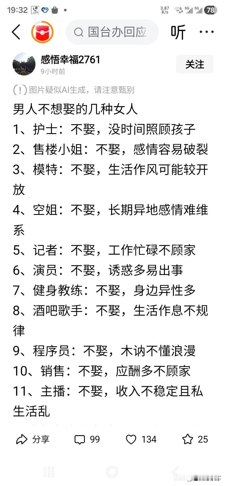 恰恰相反，这十一种职业的女性人士都可以娶为媳妇！
该文显然涉及歧视妇女的观点，是