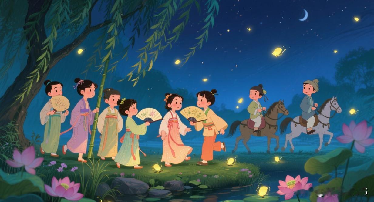 柳荫摇扇话情‌衷‌，
竹马夯‌夯‌逐晚风。
萤火慎‌慎‌穿帘戏，
荷香妃‌妃‌绕