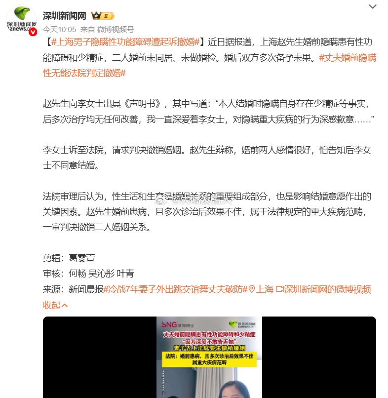 丈夫婚前隐瞒性功能障碍妻子诉离婚     这就是说，性是婚后夫妻的义务？既然是义